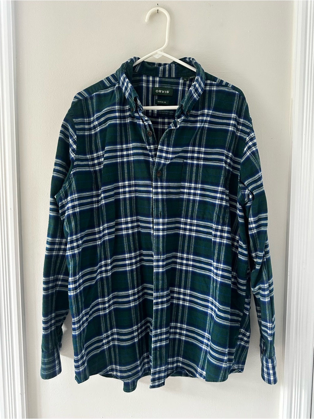 Orvis Flannel Green and Navy Plaid Button-Down Shirt